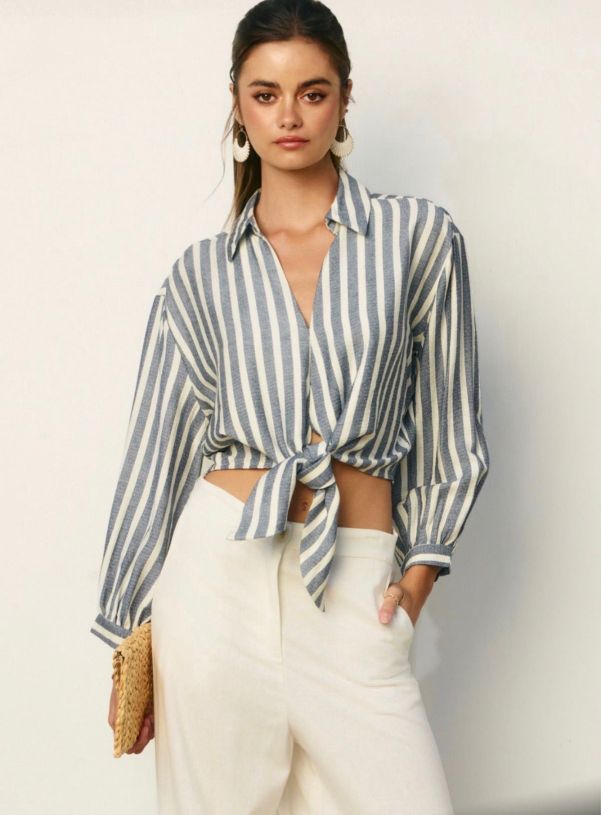 Costal stripe tie-front blouse