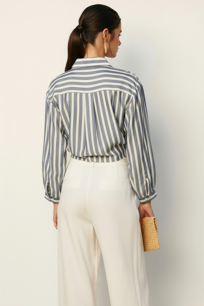 Costal stripe tie-front blouse