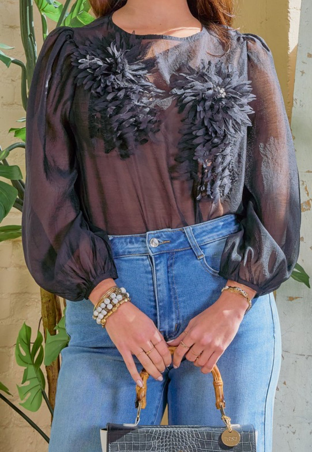 3D flower top black